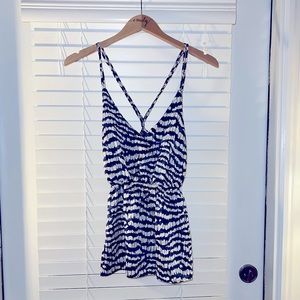 Blue and white tank top with detailed straps and elastic waist